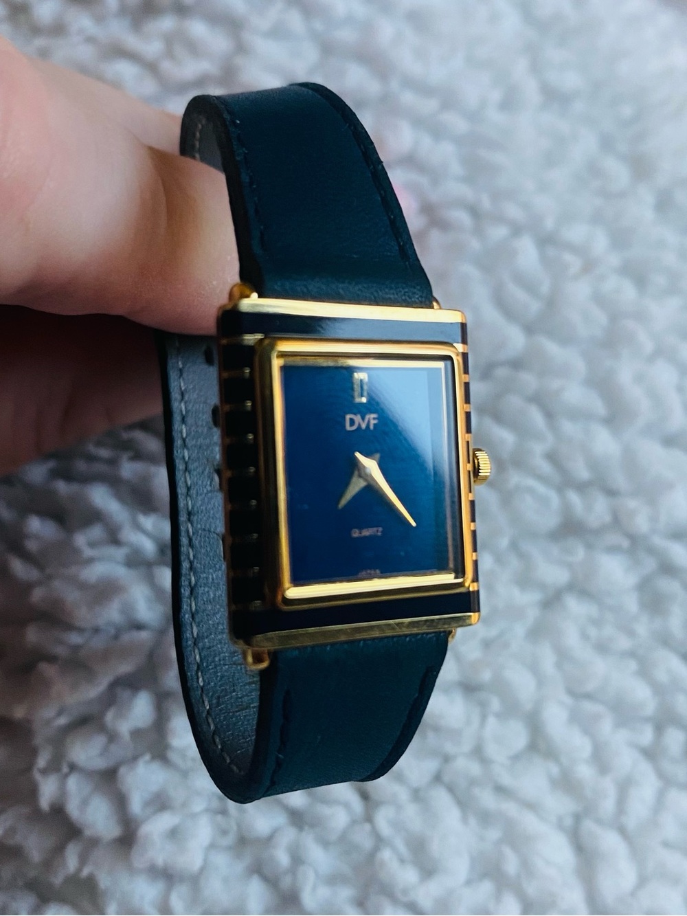 DVF Art Deco Vintage Tank Watch Ladies Navy Blue Gold 70’s 80’s Leather Japanese